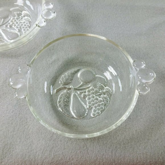 Dessert Bowls Glass Fruit Design on Bottom Bubble Handles Set of 4 - Picture 7 of 8